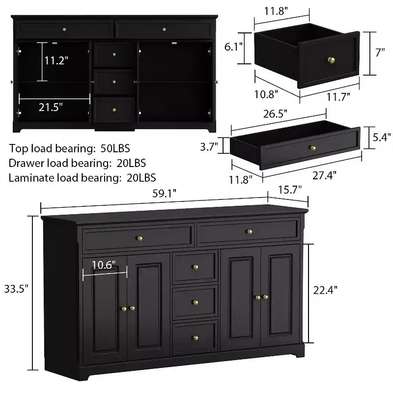 Commode horizontale à 5 tiroirs Meuble de rangement multifonctionnel Solutions de rangement pour salon