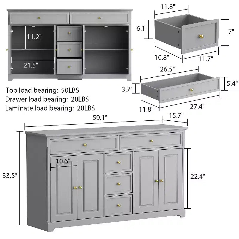 Commode horizontale à 5 tiroirs Meuble de rangement multifonctionnel Solutions de rangement pour salon