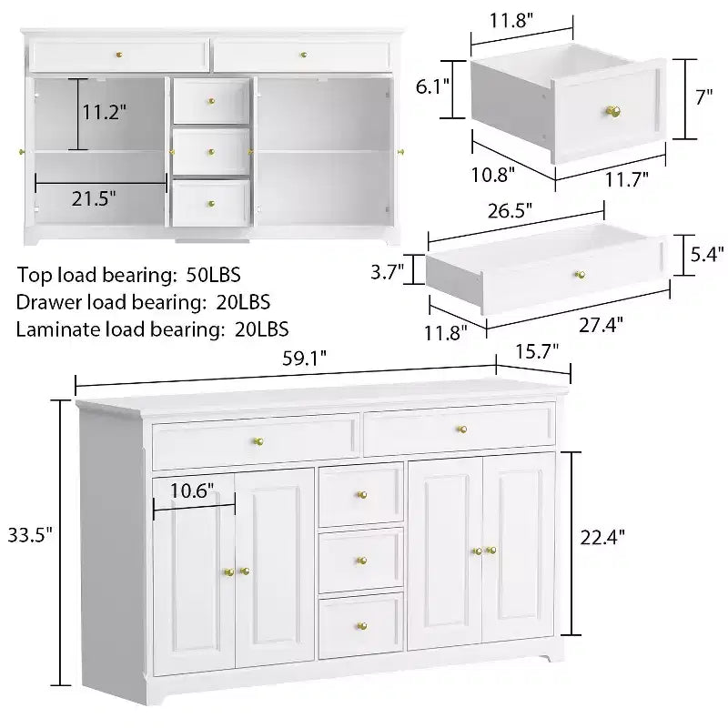 Commode horizontale à 5 tiroirs Meuble de rangement multifonctionnel Solutions de rangement pour salon