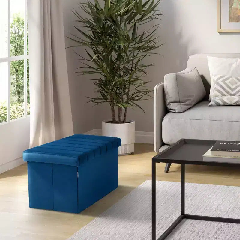 Ottoman de rangement d'appoint classique en velours bleu avec coussin