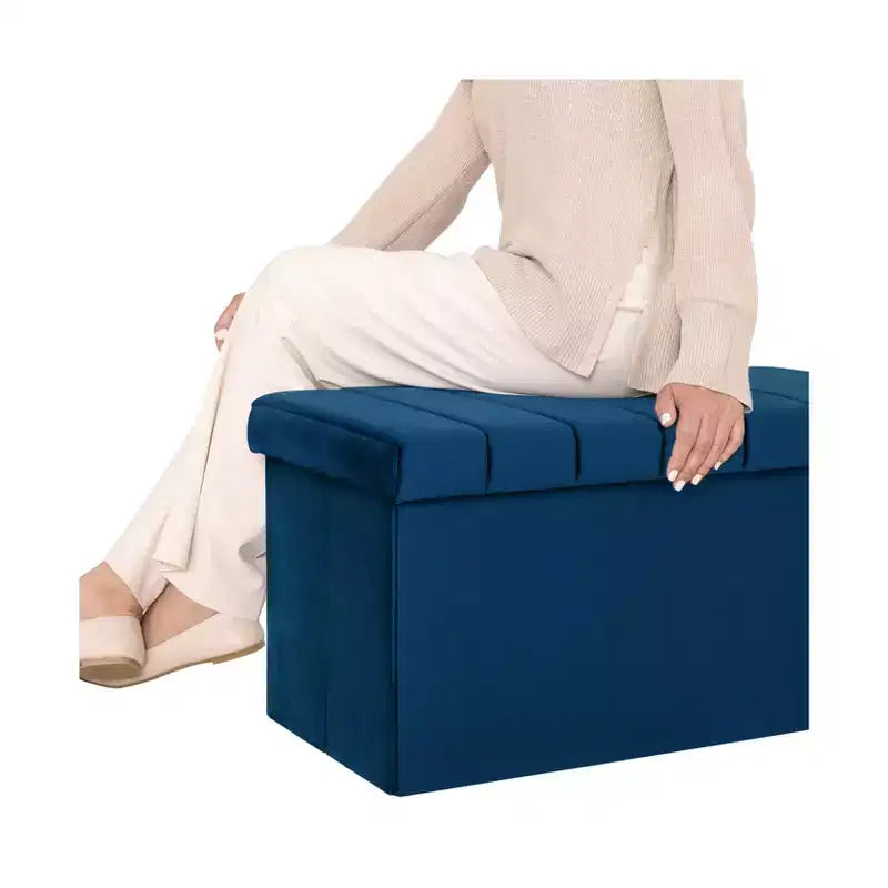 Ottoman de rangement d'appoint classique en velours bleu avec coussin