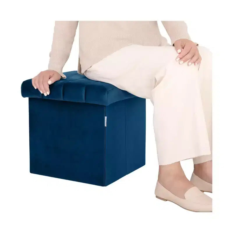 Ottoman de rangement d'appoint classique en velours bleu avec coussin