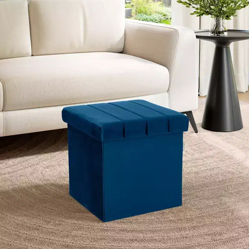 Ottoman de rangement d'appoint classique en velours bleu avec coussin