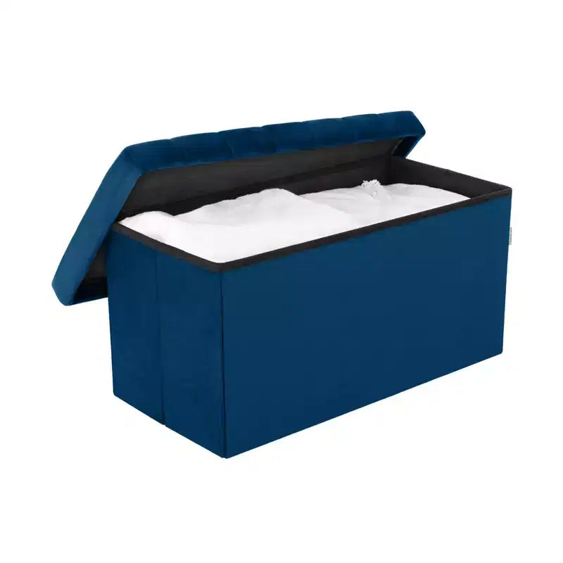 Ottoman de rangement d'appoint classique en velours bleu avec coussin