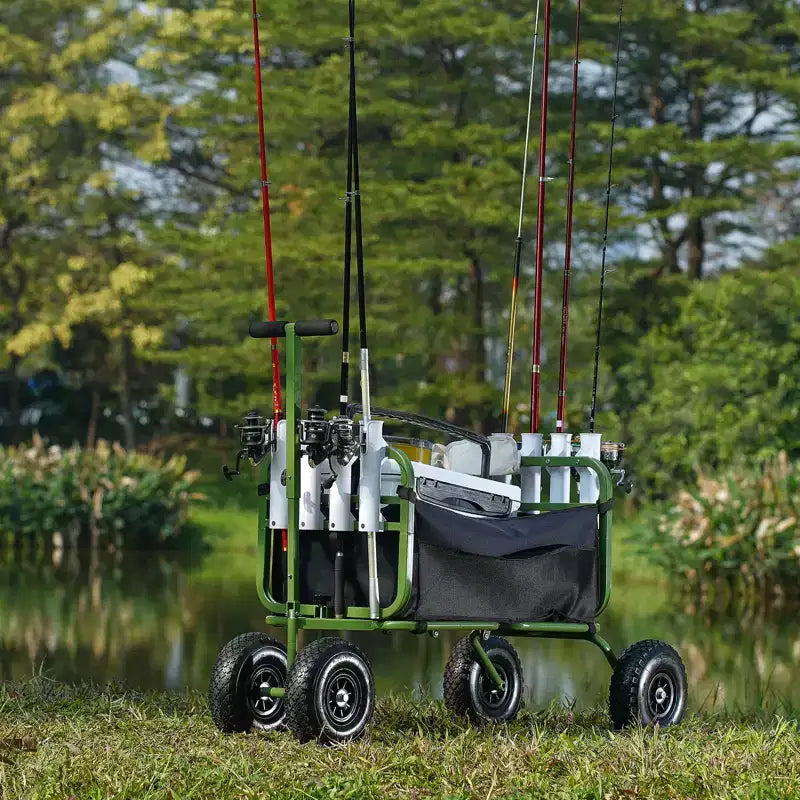 Chariot de pêche de plage, capacité de charge de 136 kg, chariot de pêche et de marine pliable avec quatre grandes roues ballons de 28 cm
