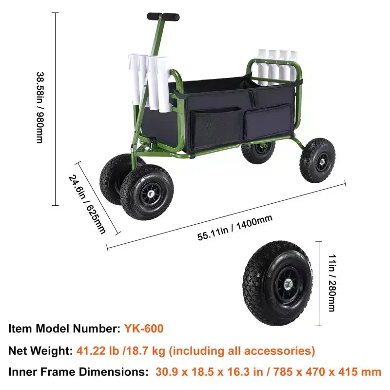 Chariot de pêche de plage, capacité de charge de 136 kg, chariot de pêche et de marine pliable avec quatre grandes roues ballons de 28 cm