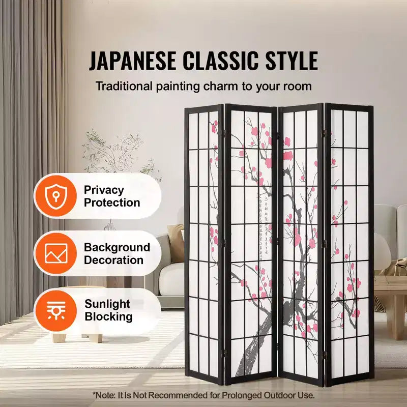 Séparateur de pièce, Paravent japonais à 4 panneaux, Paravent pliable en bois pour l'intérieur, Séparateur de pièce portable Marron+Blanc