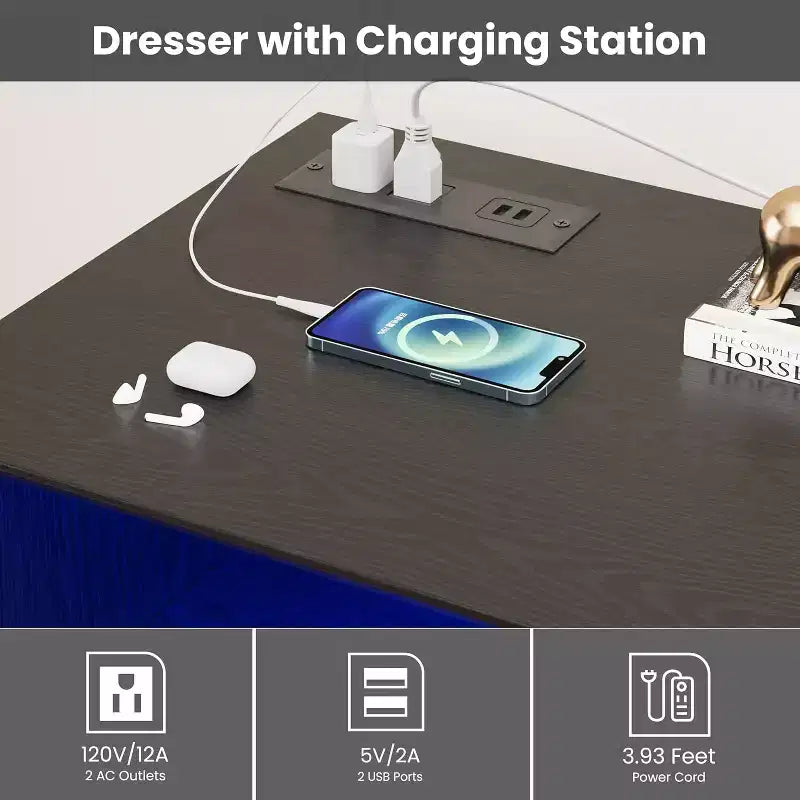 Commode blanche pour chambre à coucher, commode à 6 tiroirs avec lumières LED et station de recharge, pour salon, couloir
