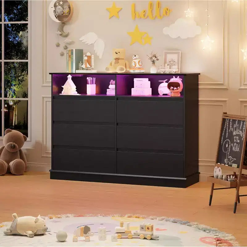 Commode blanche pour chambre à coucher, commode à 6 tiroirs avec lumières LED et station de recharge, pour salon, couloir