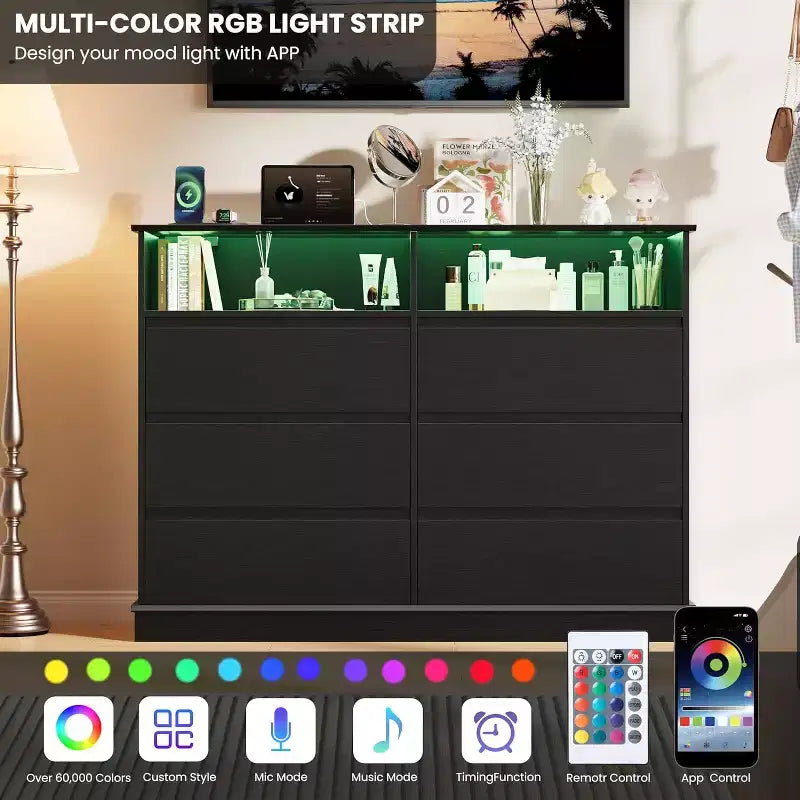 Commode blanche pour chambre à coucher, commode à 6 tiroirs avec lumières LED et station de recharge, pour salon, couloir