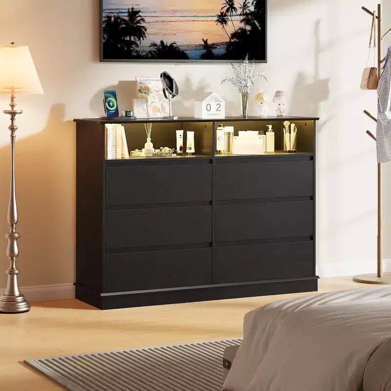 Commode blanche pour chambre à coucher, commode à 6 tiroirs avec lumières LED et station de recharge, pour salon, couloir