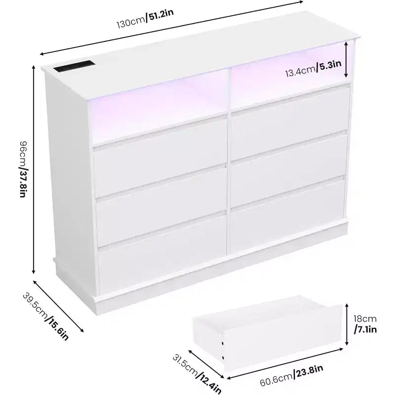 Commode blanche pour chambre à coucher, commode à 6 tiroirs avec lumières LED et station de recharge, pour salon, couloir
