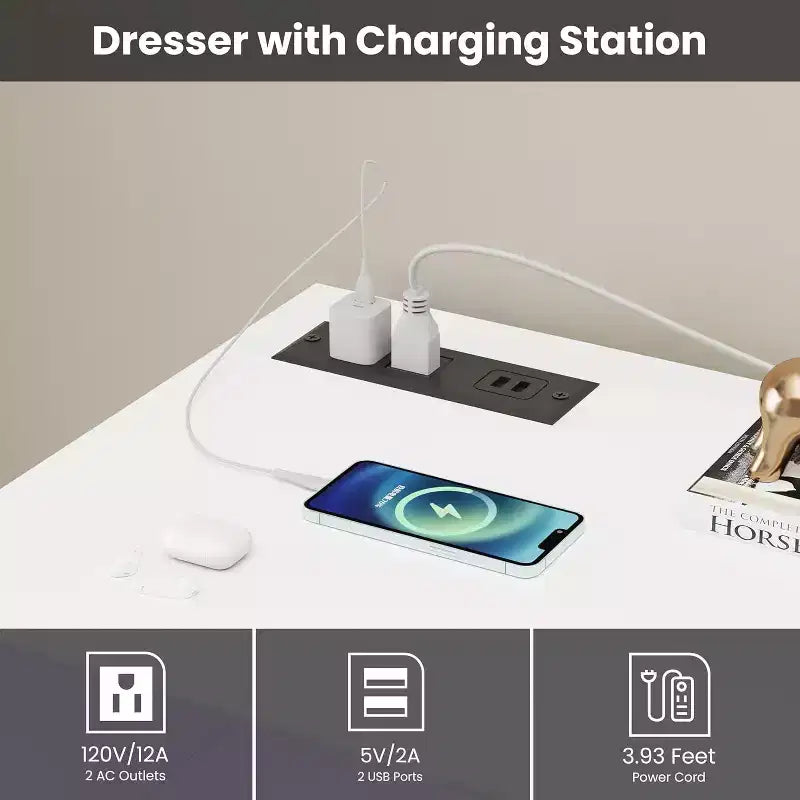 Commode blanche pour chambre à coucher, commode à 6 tiroirs avec lumières LED et station de recharge, pour salon, couloir