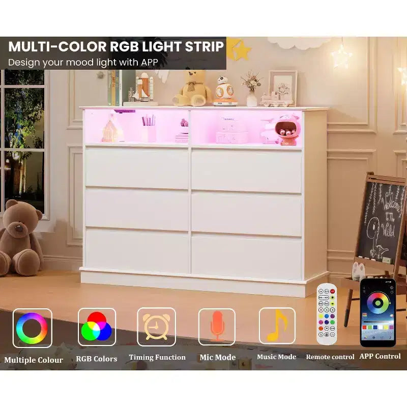 Commode blanche pour chambre à coucher, commode à 6 tiroirs avec lumières LED et station de recharge, pour salon, couloir