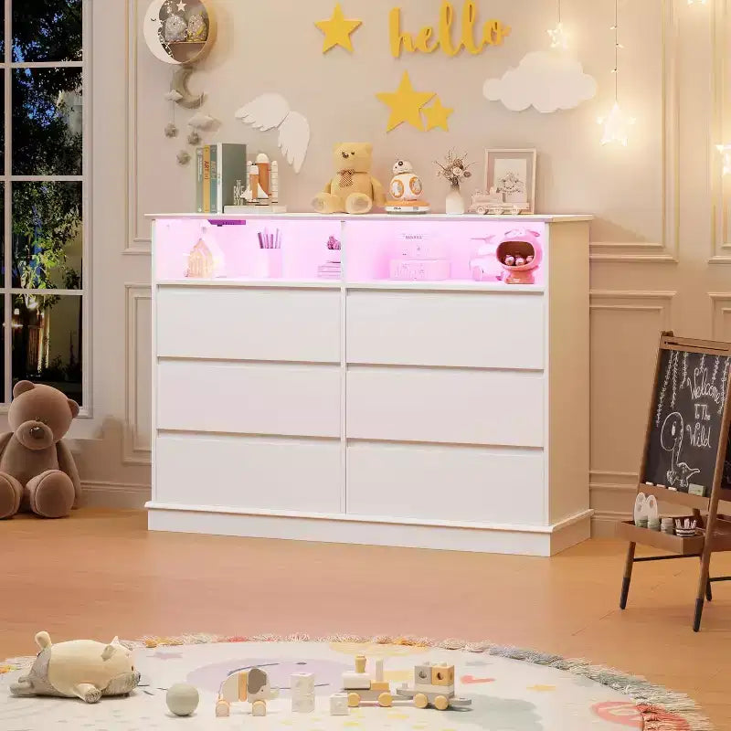 Commode blanche pour chambre à coucher, commode à 6 tiroirs avec lumières LED et station de recharge, pour salon, couloir