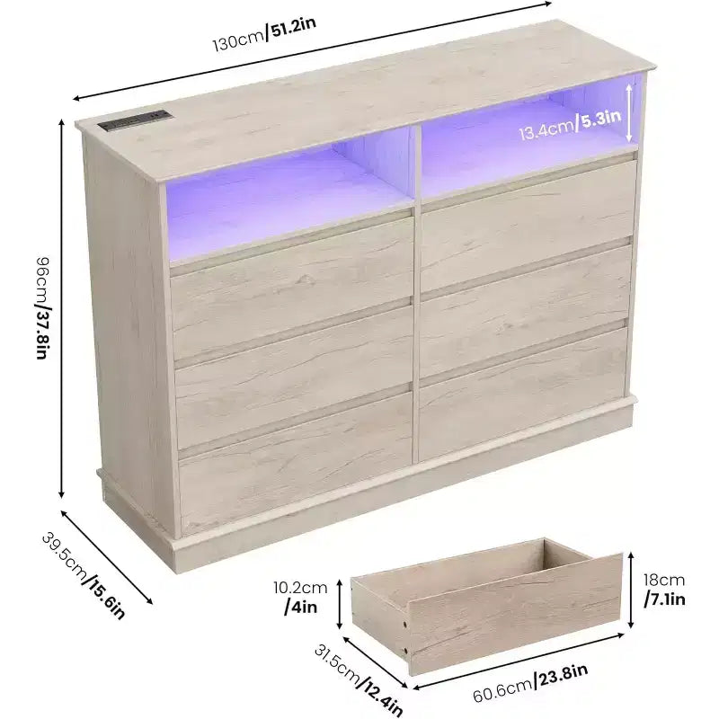 Commode blanche pour chambre à coucher, commode à 6 tiroirs avec lumières LED et station de recharge, pour salon, couloir
