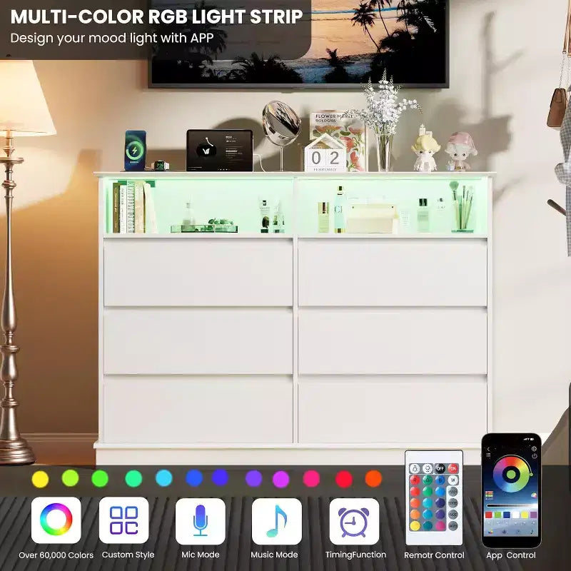Commode blanche pour chambre à coucher, commode à 6 tiroirs avec lumières LED et station de recharge, pour salon, couloir