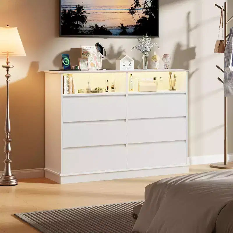 Commode blanche pour chambre à coucher, commode à 6 tiroirs avec lumières LED et station de recharge, pour salon, couloir