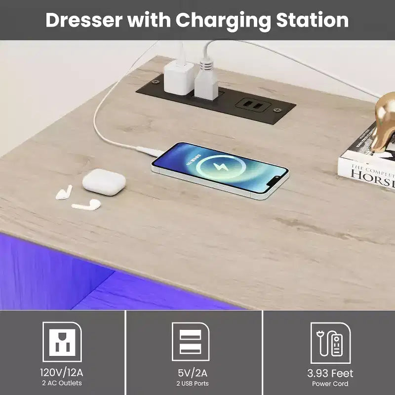 Commode blanche pour chambre à coucher, commode à 6 tiroirs avec lumières LED et station de recharge, pour salon, couloir