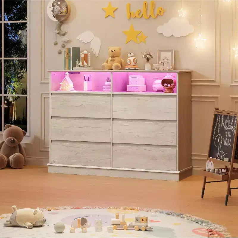Commode blanche pour chambre à coucher, commode à 6 tiroirs avec lumières LED et station de recharge, pour salon, couloir