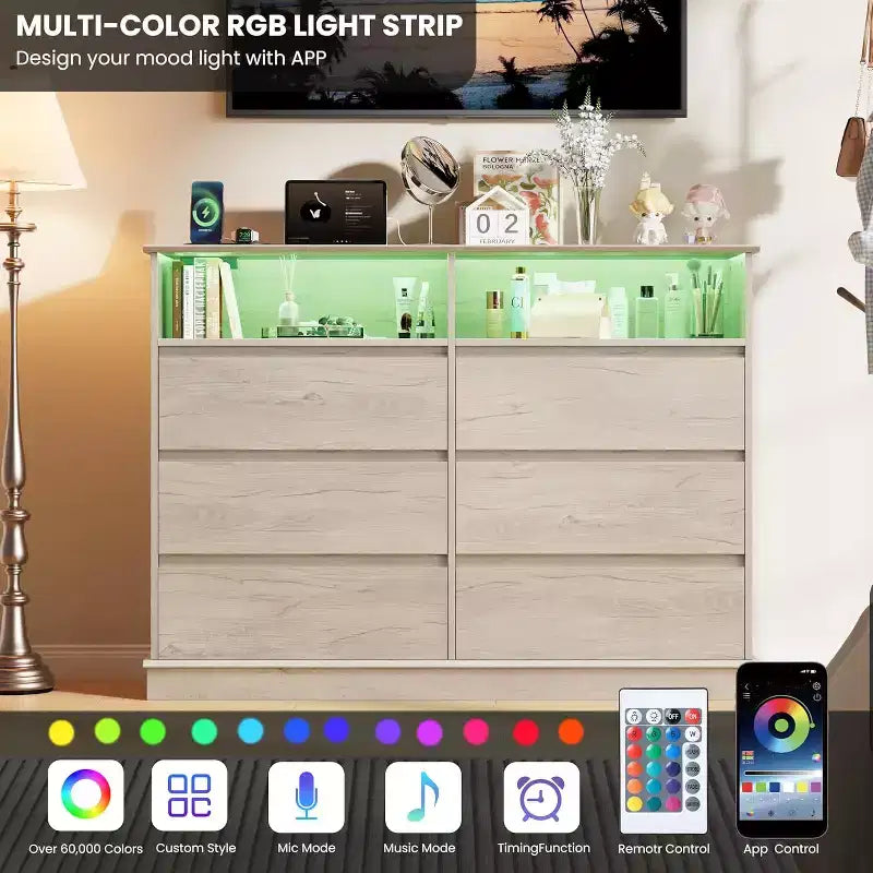 Commode blanche pour chambre à coucher, commode à 6 tiroirs avec lumières LED et station de recharge, pour salon, couloir