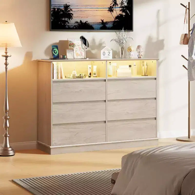 Commode blanche pour chambre à coucher, commode à 6 tiroirs avec lumières LED et station de recharge, pour salon, couloir