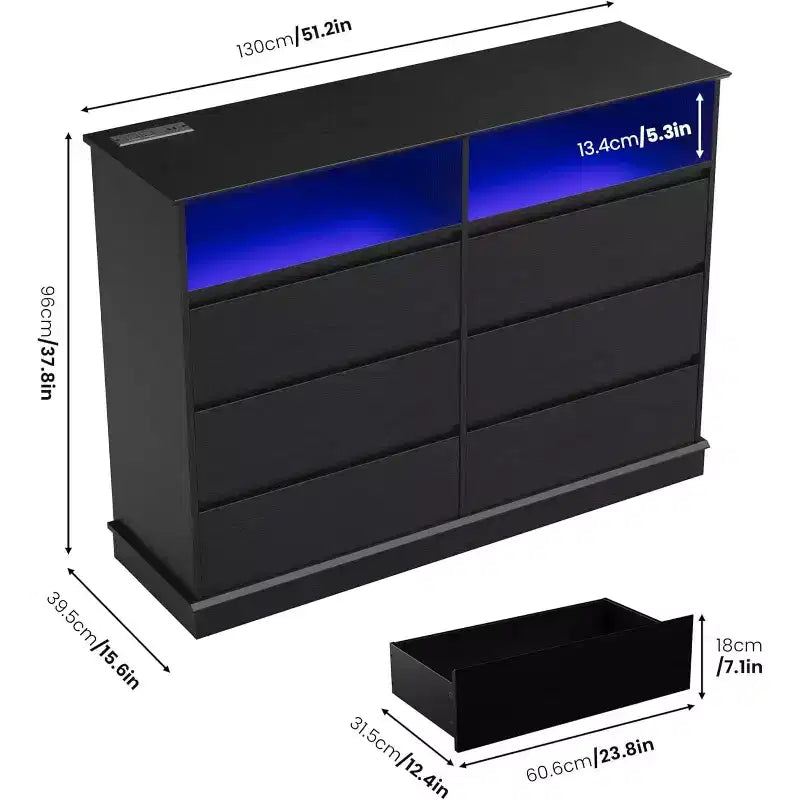 Commode blanche pour chambre à coucher, commode à 6 tiroirs avec lumières LED et station de recharge, pour salon, couloir