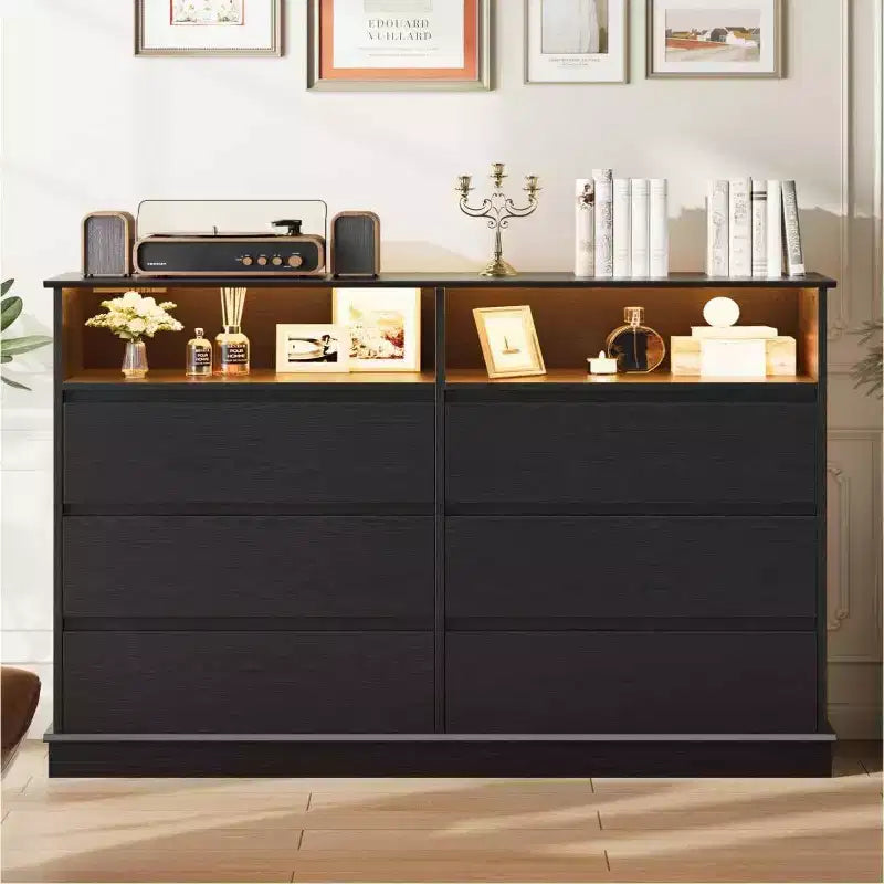 Commode blanche pour chambre à coucher, commode à 6 tiroirs avec lumières LED et station de recharge, pour salon, couloir