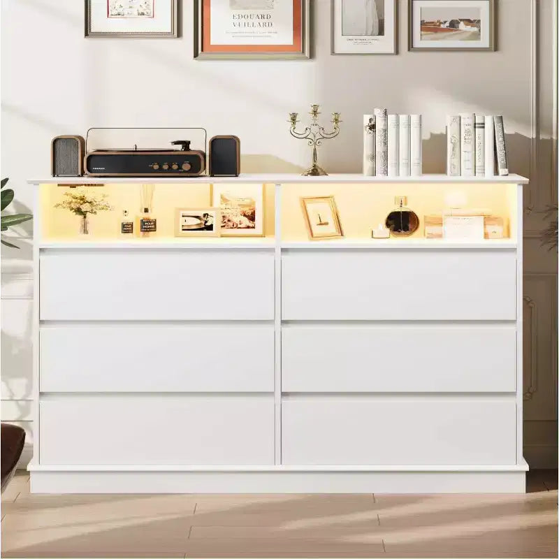 Commode blanche pour chambre à coucher, commode à 6 tiroirs avec lumières LED et station de recharge, pour salon, couloir