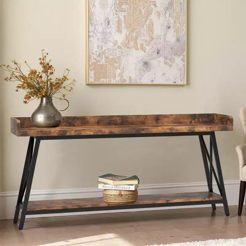Console étroite rustique de 70,9 pouces, cadre métallique robuste, décoration d'intérieur