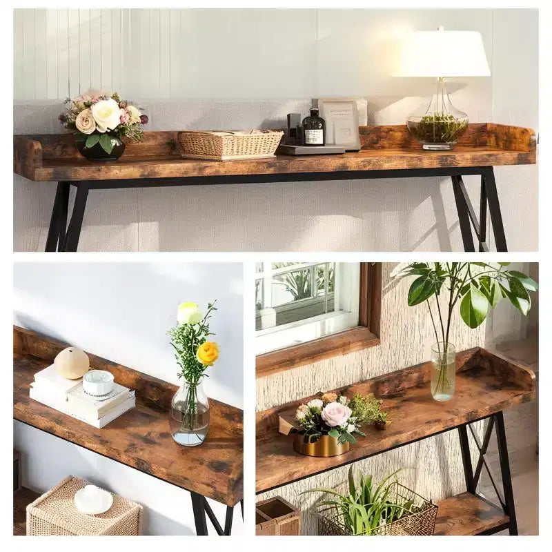 Console étroite rustique de 70,9 pouces, cadre métallique robuste, décoration d'intérieur