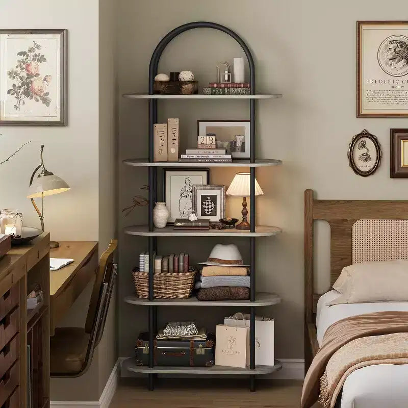 Étagère à 5 niveaux, bibliothèque arquée de 180 cm de haut, cadre métallique, étagère de présentation autoportante, pour chambre, salon