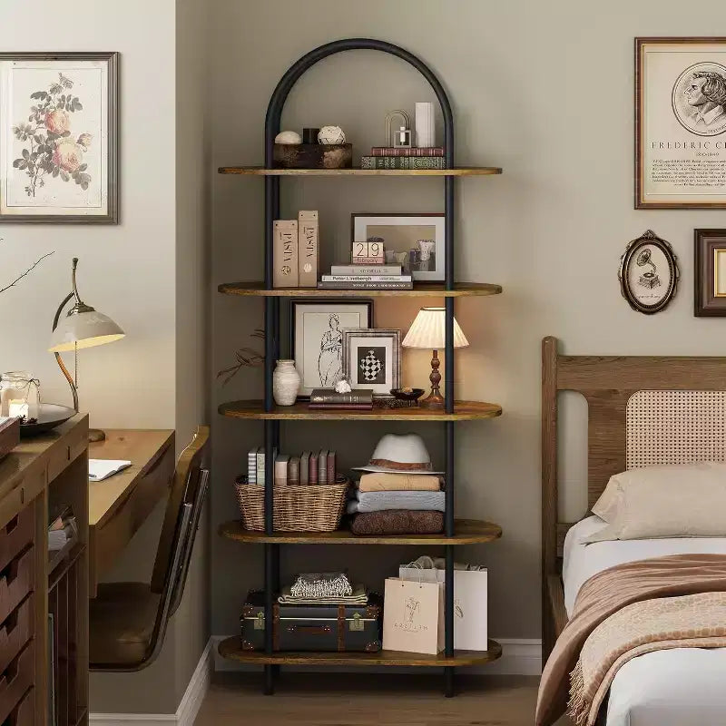 Étagère à 5 niveaux, bibliothèque arquée de 180 cm de haut, cadre métallique, étagère de présentation autoportante, pour chambre, salon