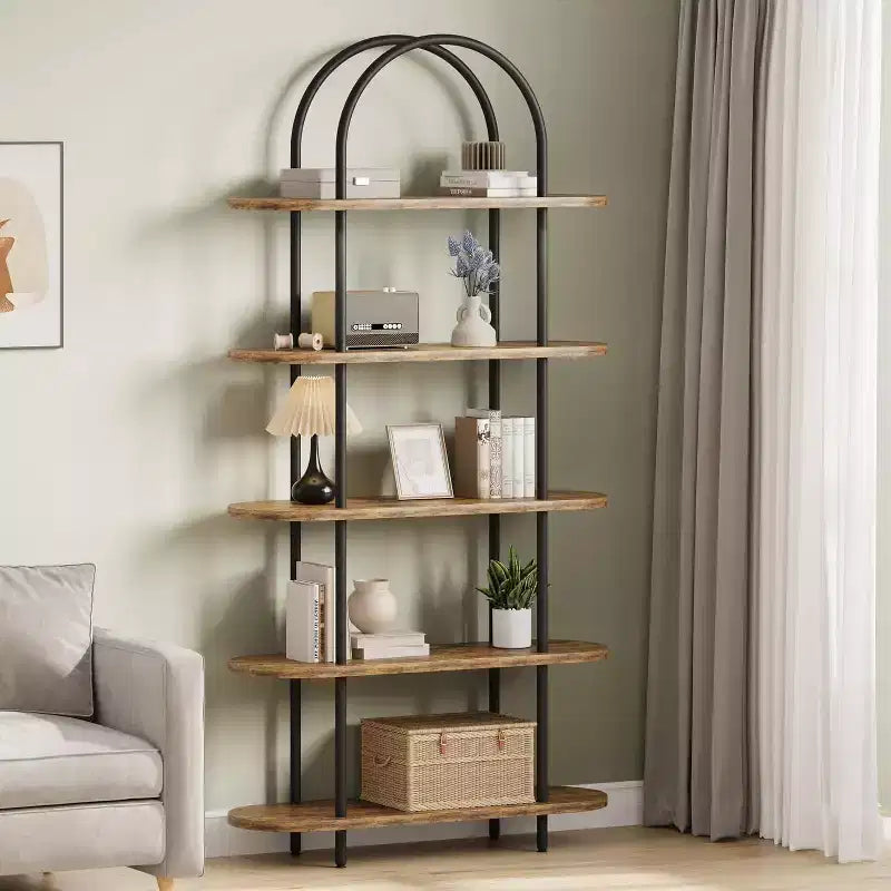 Étagère à 5 niveaux, bibliothèque arquée de 180 cm de haut, cadre métallique, étagère de présentation autoportante, pour chambre, salon