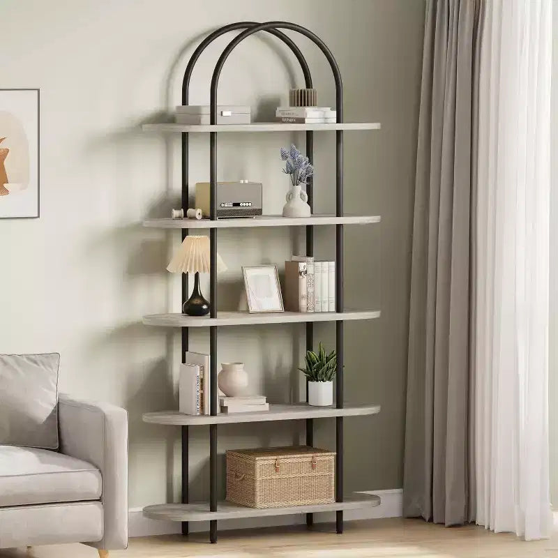 Étagère à 5 niveaux, bibliothèque arquée de 180 cm de haut, cadre métallique, étagère de présentation autoportante, pour chambre, salon