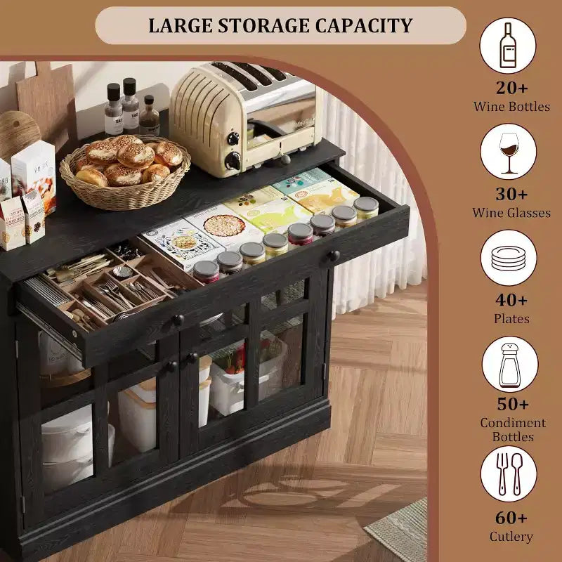 Meuble de Rangement de Cuisine, Buffet avec 2 Portes Vitrées, Tiroir en Bois, Panneau Arrière en MDF, Meuble Bar Moderne avec Étagère Réglable