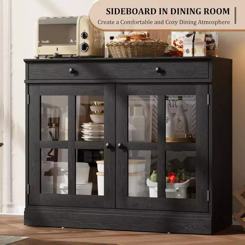 Meuble de Rangement de Cuisine, Buffet avec 2 Portes Vitrées, Tiroir en Bois, Panneau Arrière en MDF, Meuble Bar Moderne avec Étagère Réglable