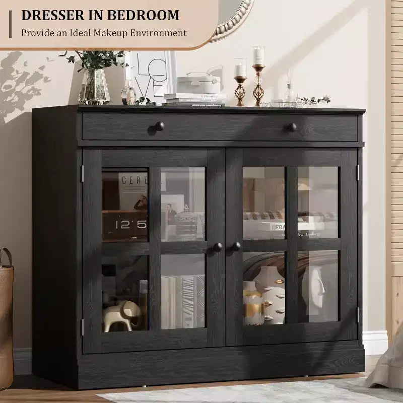 Meuble de Rangement de Cuisine, Buffet avec 2 Portes Vitrées, Tiroir en Bois, Panneau Arrière en MDF, Meuble Bar Moderne avec Étagère Réglable