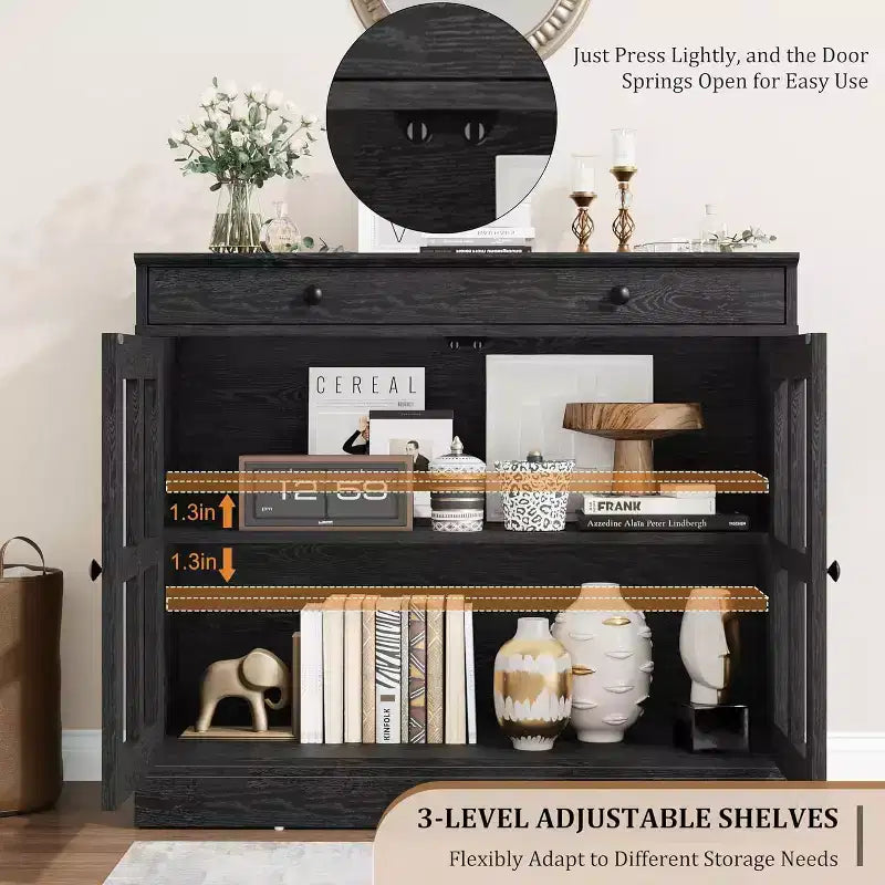 Meuble de Rangement de Cuisine, Buffet avec 2 Portes Vitrées, Tiroir en Bois, Panneau Arrière en MDF, Meuble Bar Moderne avec Étagère Réglable