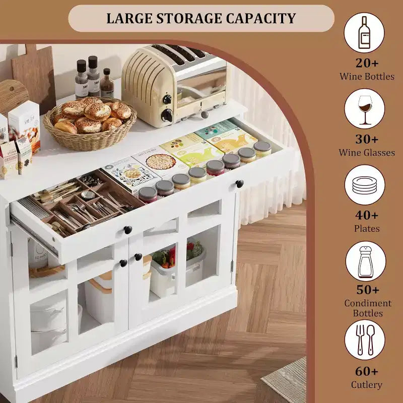 Meuble de Rangement de Cuisine, Buffet avec 2 Portes Vitrées, Tiroir en Bois, Panneau Arrière en MDF, Meuble Bar Moderne avec Étagère Réglable