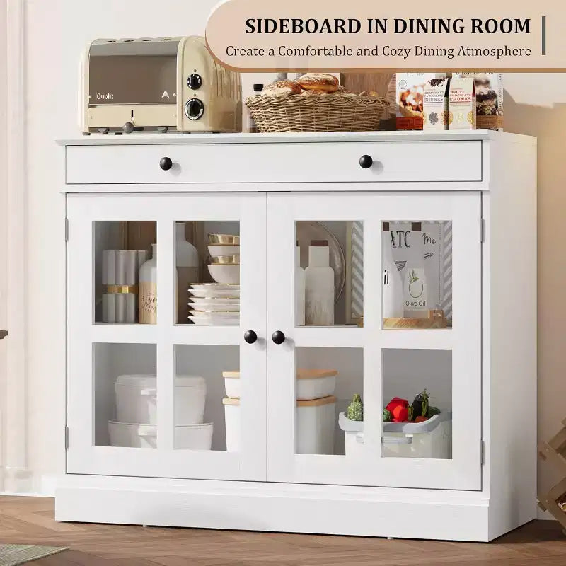Meuble de Rangement de Cuisine, Buffet avec 2 Portes Vitrées, Tiroir en Bois, Panneau Arrière en MDF, Meuble Bar Moderne avec Étagère Réglable