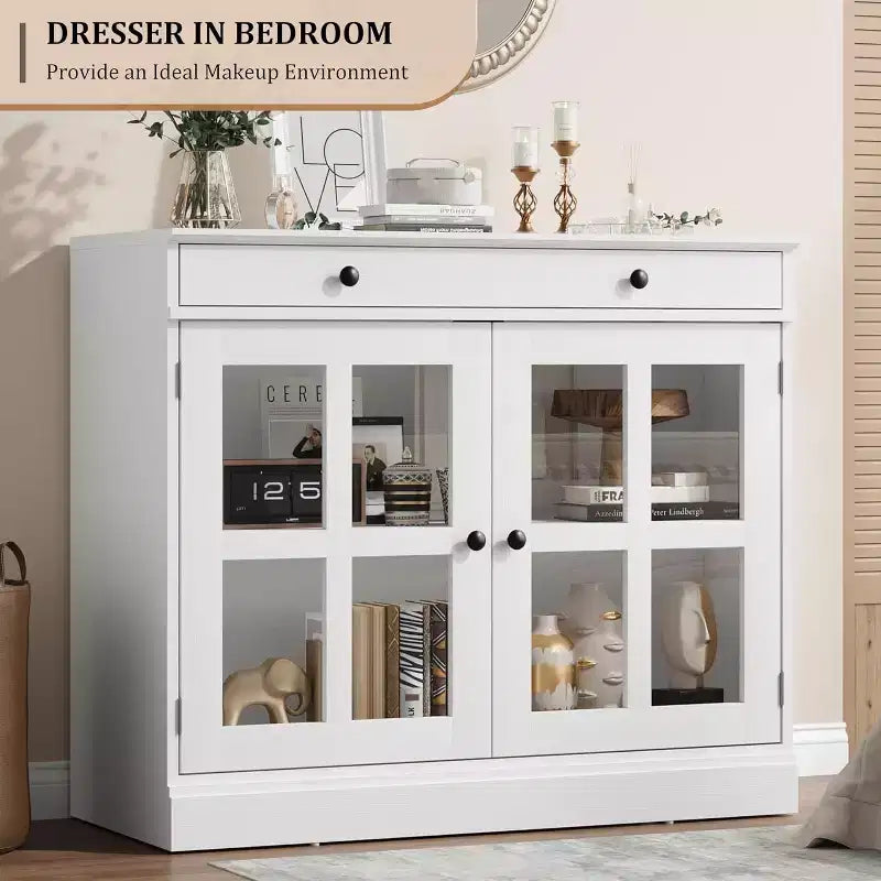 Meuble de Rangement de Cuisine, Buffet avec 2 Portes Vitrées, Tiroir en Bois, Panneau Arrière en MDF, Meuble Bar Moderne avec Étagère Réglable