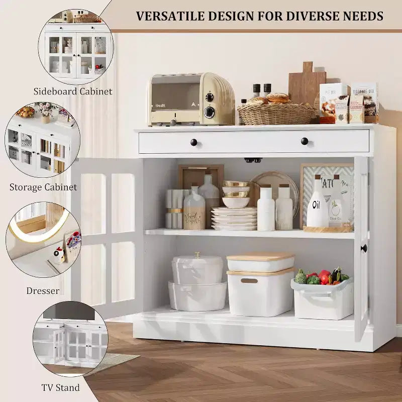 Meuble de Rangement de Cuisine, Buffet avec 2 Portes Vitrées, Tiroir en Bois, Panneau Arrière en MDF, Meuble Bar Moderne avec Étagère Réglable