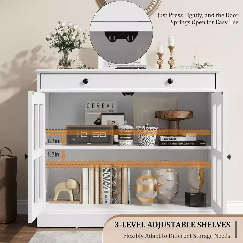 Meuble de Rangement de Cuisine, Buffet avec 2 Portes Vitrées, Tiroir en Bois, Panneau Arrière en MDF, Meuble Bar Moderne avec Étagère Réglable