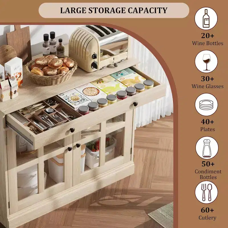 Meuble de Rangement de Cuisine, Buffet avec 2 Portes Vitrées, Tiroir en Bois, Panneau Arrière en MDF, Meuble Bar Moderne avec Étagère Réglable