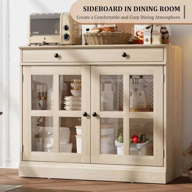 Meuble de Rangement de Cuisine, Buffet avec 2 Portes Vitrées, Tiroir en Bois, Panneau Arrière en MDF, Meuble Bar Moderne avec Étagère Réglable