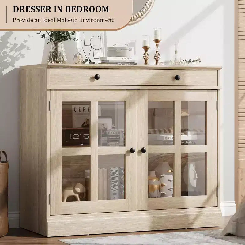 Meuble de Rangement de Cuisine, Buffet avec 2 Portes Vitrées, Tiroir en Bois, Panneau Arrière en MDF, Meuble Bar Moderne avec Étagère Réglable