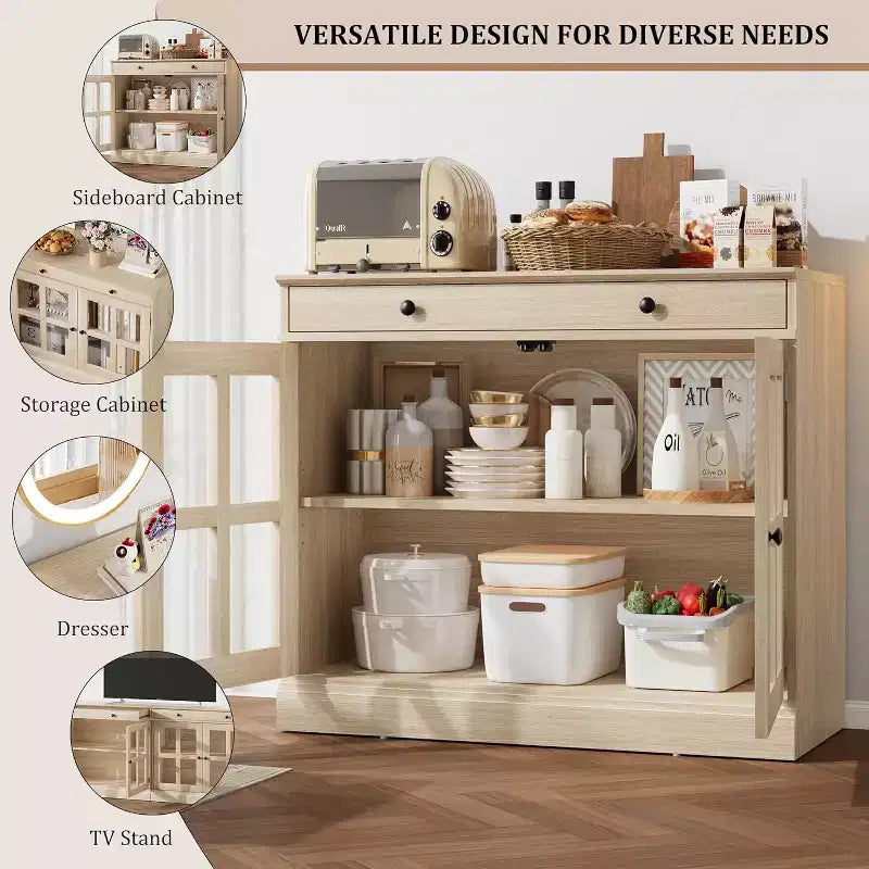 Meuble de Rangement de Cuisine, Buffet avec 2 Portes Vitrées, Tiroir en Bois, Panneau Arrière en MDF, Meuble Bar Moderne avec Étagère Réglable