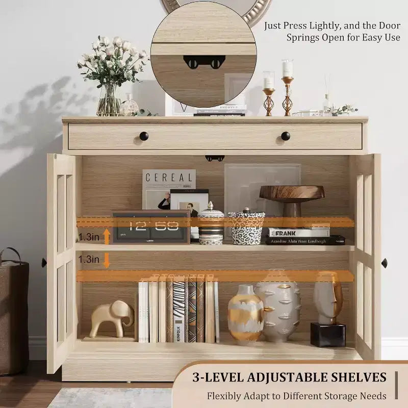 Meuble de Rangement de Cuisine, Buffet avec 2 Portes Vitrées, Tiroir en Bois, Panneau Arrière en MDF, Meuble Bar Moderne avec Étagère Réglable
