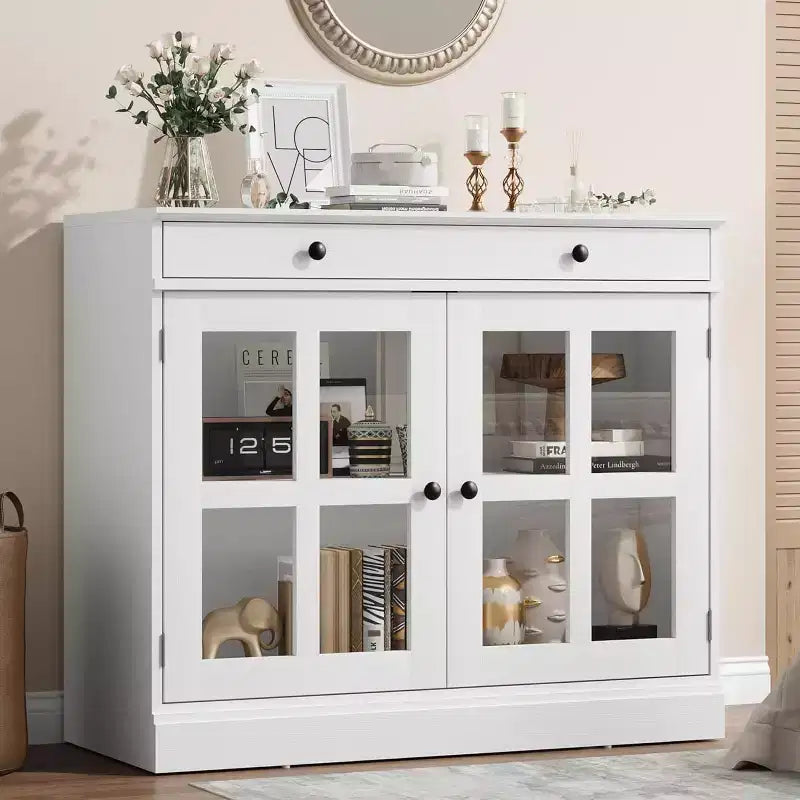Meuble de Rangement de Cuisine, Buffet avec 2 Portes Vitrées, Tiroir en Bois, Panneau Arrière en MDF, Meuble Bar Moderne avec Étagère Réglable